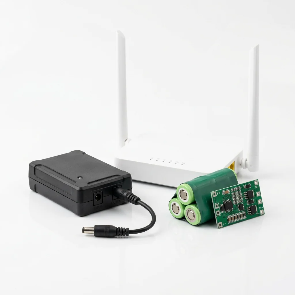 12V router power bank, WiFi router, 18650 lithium cells and a BMS board